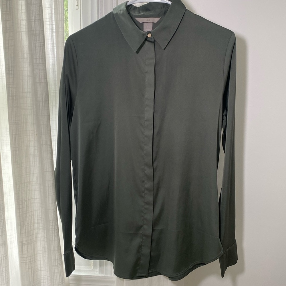 H&M Dark Sage Green Satin Blouse, S